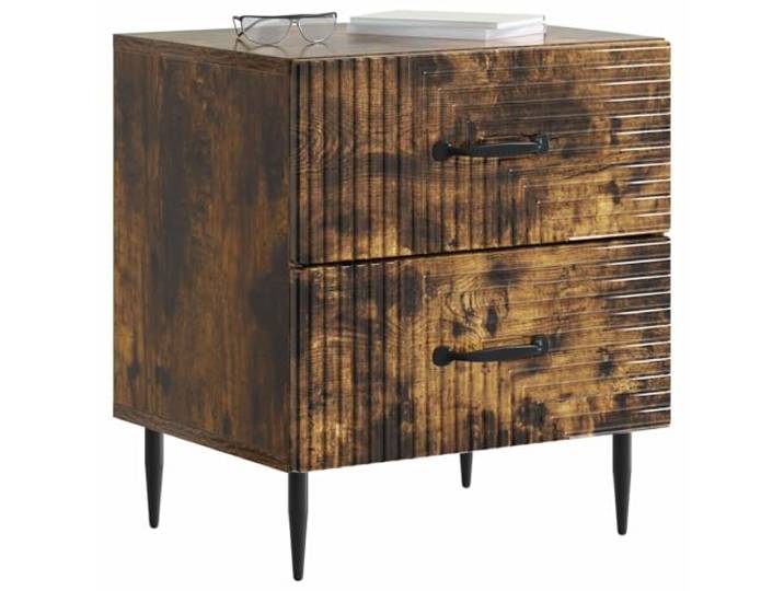KTHLBRH Nachttisch 43 x 34,5 x 47,5 cm Eiche Rauchholz 2 Schubladen, konische Metallbeine, Griffe, Vintage-Stil, Schlafzimmer