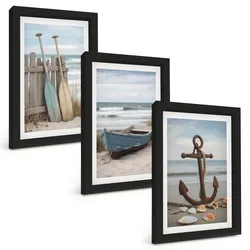 BILDER SET 3er Set - 20x30 cm Schwarzer Rahmen - Strandbootanker Sand