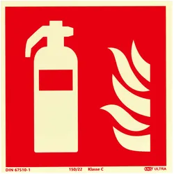Brandschutzzeichen Feuerlöscher langnachleuchtend, Kunststoff, ISO 7010 150 x 150 mm, rot, weiß