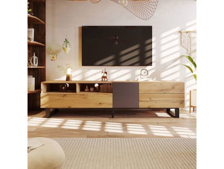 Meuble TV Bois 180cm - Lowboard TV Moderne - Portes et 2 Tiroirs - Fonction Pousser-Ouvrir Pratique - Style Bois et Noir