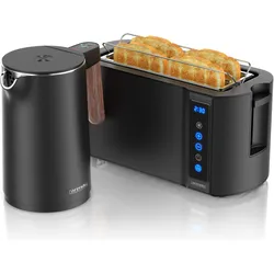 Arendo Frühstücks Set Edelstahl Wasserkocher 1,5l, 360° Basis & 4-Scheiben Langschlitz Toaster, Dunkelgrau, Wasserkocher, Grau