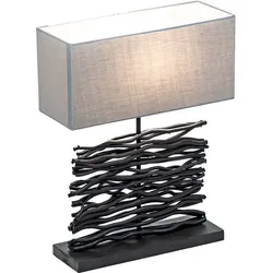 Tischleuchte Tischlampe Beistelllampe Holzlampe Schreibtischlampe Wohnzimmerlampe, Holz schwarz Stoff grau, E27, H 50 cm