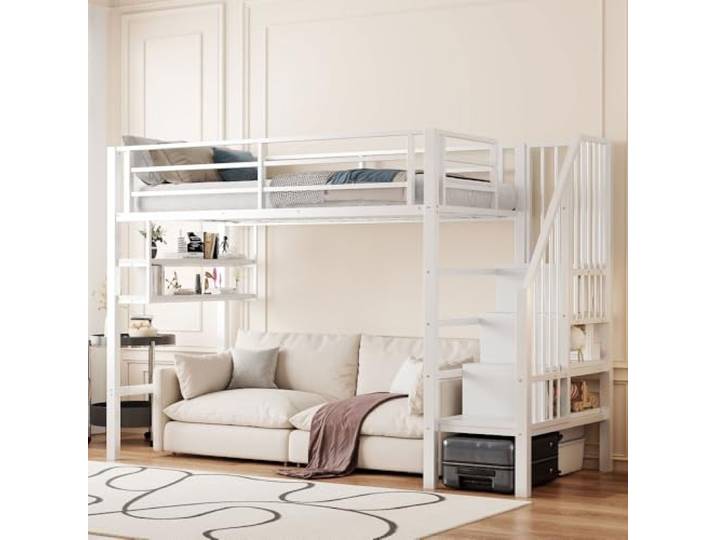 I0I&I0I Hochbett Mit Stauraumleiter Und Geländer Freiraum Unter Dem Bett Zum Verkleiden Und Einlegeböden (White + Metal + 90cm*200cm)