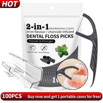 Uplifted Finds 2 in 1 Bamboo Charcoal Mint Dental Floss Sticks High Performance Interdental Cleaning Tool 100 Pcs