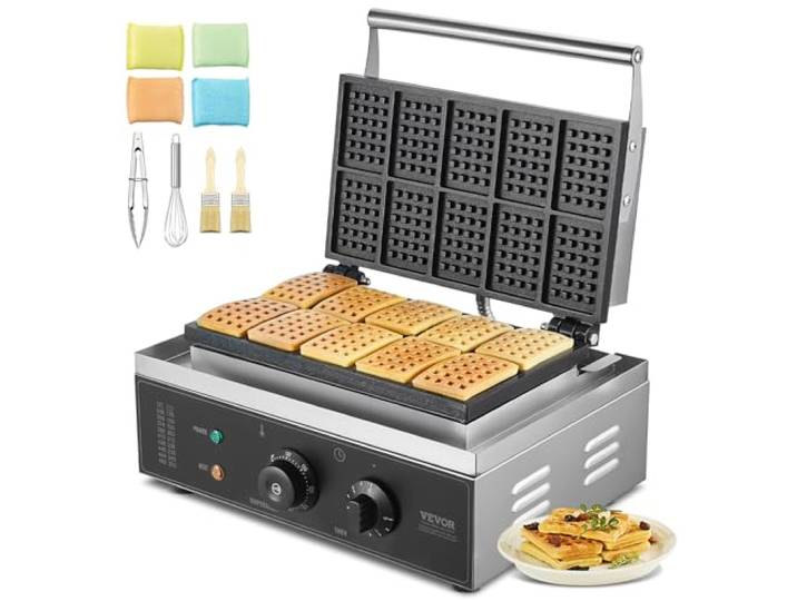 VEVOR Kommerzielles Waffeleisen 1550 W antihaftbeschichtetes Waffeleisen aus Edelstahl mit Temperatur- und Zeitregelung, Griff, für Restaurant Bäckerei Snackbar Familie 10 rechteckige Waffeln