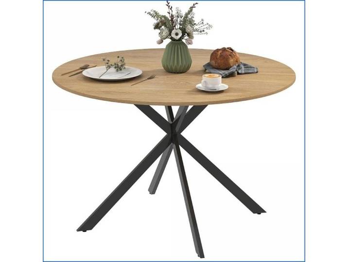Table à manger - Ronde 4 personnes style industriel pieds en acier - Chêne