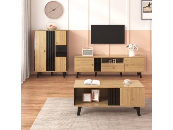 XINGNING Couchtisch mit Schubladen und Stauraum (Black + Wood + Glass + Particle Board)