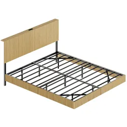 MODFU Bettgestell aus Metall und Holzwerkstoff in Natur, 210,5x184x99,7 cm, mit RGB-LED und Steckdose