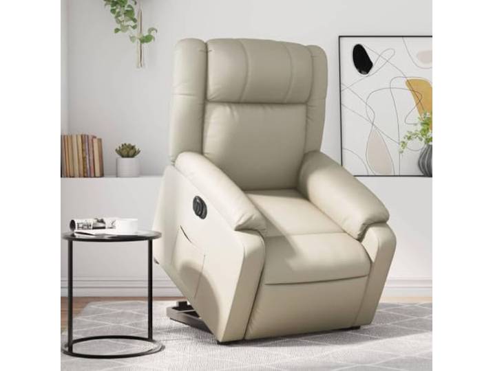 HEFZGDB Elektrischer Relaxsessel mit Aufstehhilfe in Creme Kunstleder, elektrische Liegefunktion bis 135 Grad, bequemer Sitz mit Seitentasche, Stabiler Holz-Metall-Rahmen,