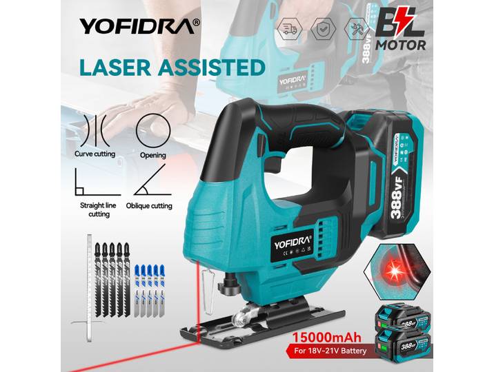 YOFIDRA 3800 tr/min scie sauteuse électrique sans brosse scie courbe Laser infrarouge outil de travail du bois multifonction pour broche de batterie Makita 18V
