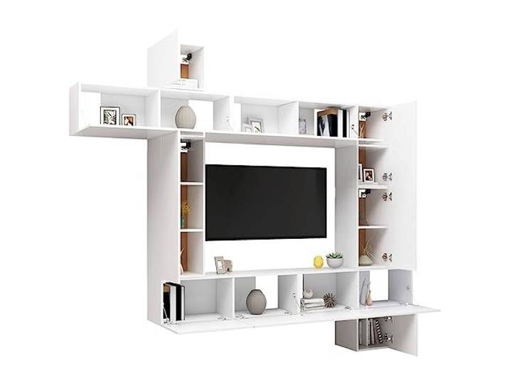 GKHPYURE TV-Möbel-Set, 9-teilig, weiß, Holz, mehrschichtig Wandbefestigung, 9 Fächer, pflegeleicht, für Wohnzimmer