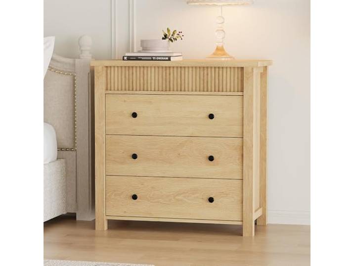 GarveeMore 3-Schubladen Kommode aus Holz mit geriffelter Front stabile Nachttischkommode für Schlafzimmer, Wohnzimmer & Flur – Naturholzfarbe