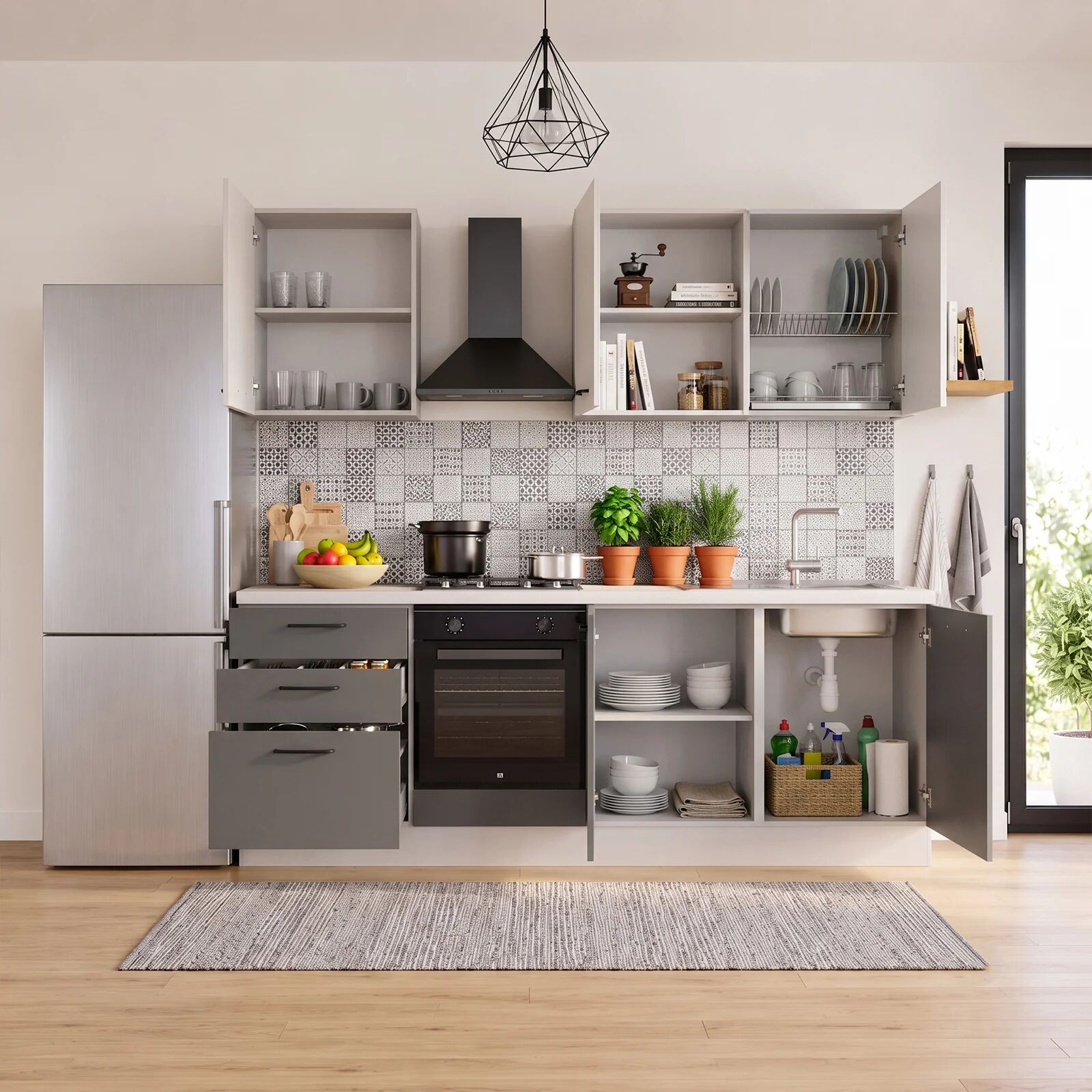 garneroarredamenti Cucina lineare 240cm reversibile moderna beige cashmere antracite Cooklab
