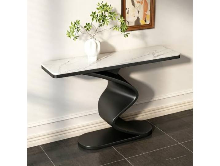 Moderner Konsolentisch, Sinterstein Sofatisch, Metallgestell für Flur Sinterstein-Platte, S-Design-Rahmen, Schmaler Flurtisch, Hohe Stabilität(Black-white,39.4 (100cm))