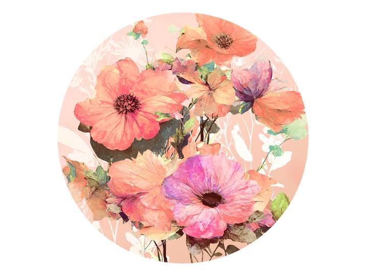 Glasbild Watercolor Flowers Rund Floatglas Pink/Orange/Grün Ø 50cm