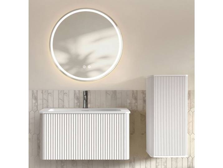 MEUBLIV Meuble de salle de bain suspendu 80 cm avec vasque miroir LED antibuée et colonne blanc