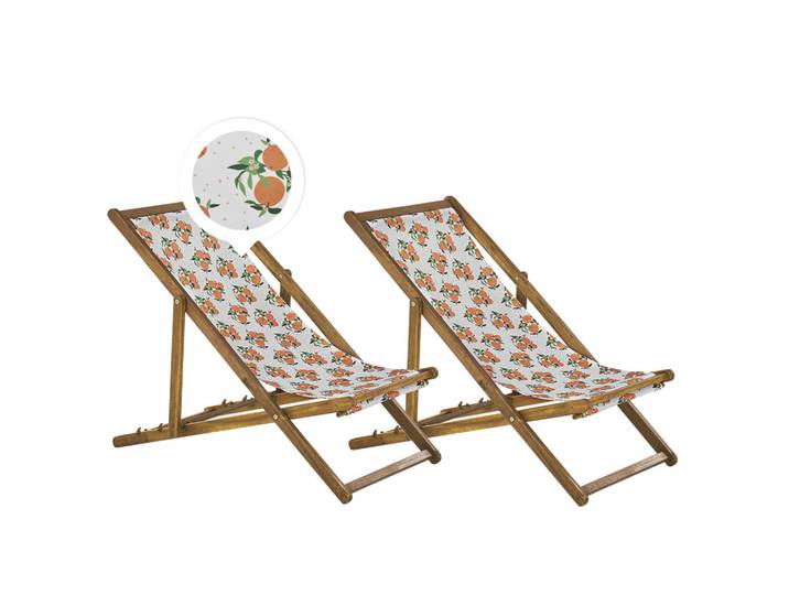 Beliani Gartenliege 2er-Set hellbraun Textil weiß/mehrfarbig Orangenmotiv Anzio, Hellbraun, Mehrfarbig, 54x70x97 cm, Gartenmöbel, Gartenliegen