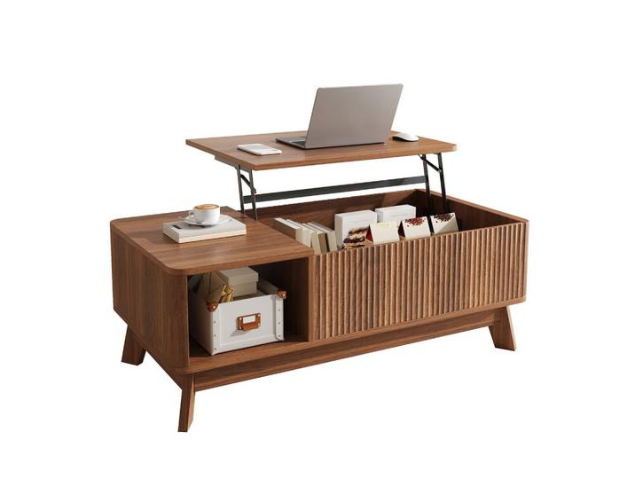 Flieks Couchtisch Hubfunktion Wellenoptik MDF Stauraum modern, Walnussfarben, 48x50x95 cm, Wohnzimmer, Wohnzimmertische, Couchtische
