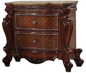 Benjara 2 Drawer Wooden Nightstand with Metal Knobs and Carved Details, Brown