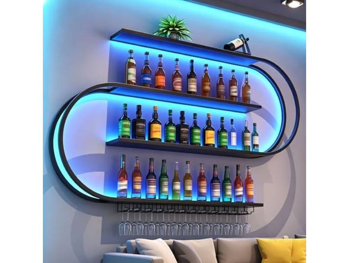 Weinregal zur Wandmontage mit Wein Glashalter, 4 Ebenen Großes Industriell Metall Wandmontage Weinflaschenhalter, Modernes Bar Multifunktionaler Weinregal Wand aus Metall für Bar (schwarz, 150cm)