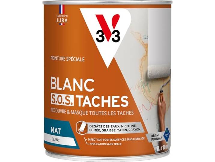 V33 Peinture blanche mur et plafond mat\, FOND ANCIENS TACHES & SALIS\, idéal rénovation\, 1L