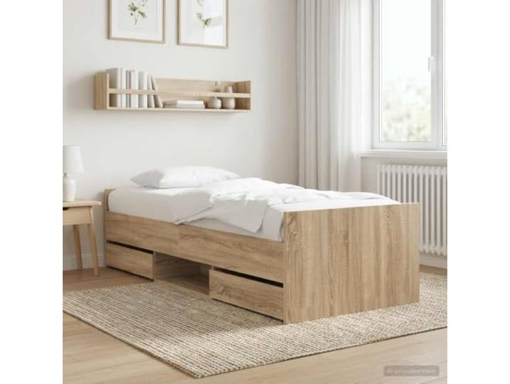 RJPLMFV Bettgestell mit Schublade, Eiche Sonoma, Holz Integrierte Aufbewahrung, modernes Design, Lamellen im Lieferumfang enthalten, einfache Montage