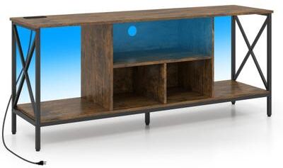 Costway TV Stand with LED Lights for 65 Inch TV Entertainment Center with Power Outlets-Brown