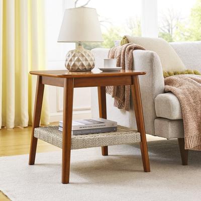Mid-Century Boho Side Table & Coffee Table with Woven Storage Shelf - Walnut