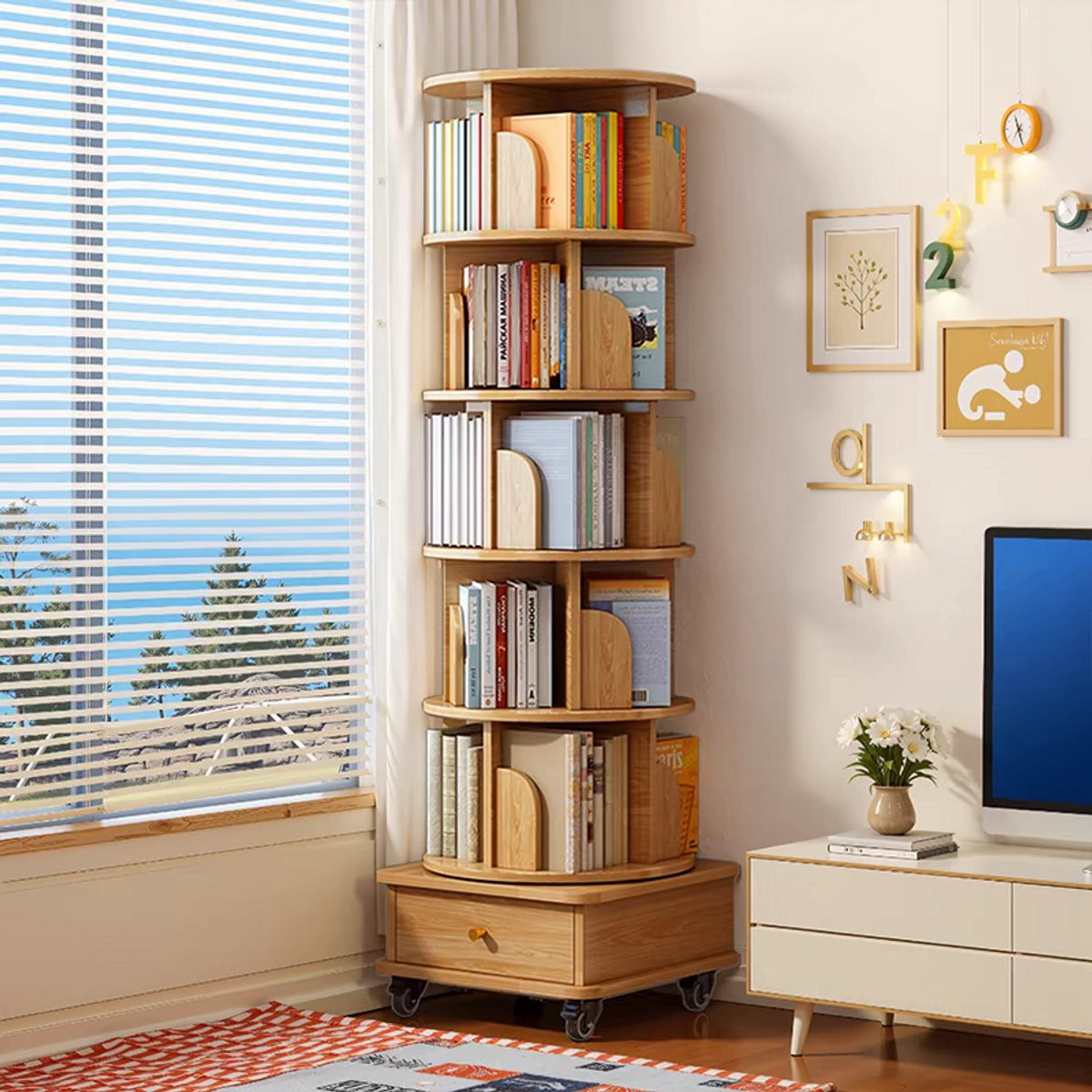 Pugsdrly 6-laags draaibare boekenkast met wieltjes en lade, ronde ruimtebesparende draaikast in houtkleur voor slaapkamer, woonkamer of kantoor