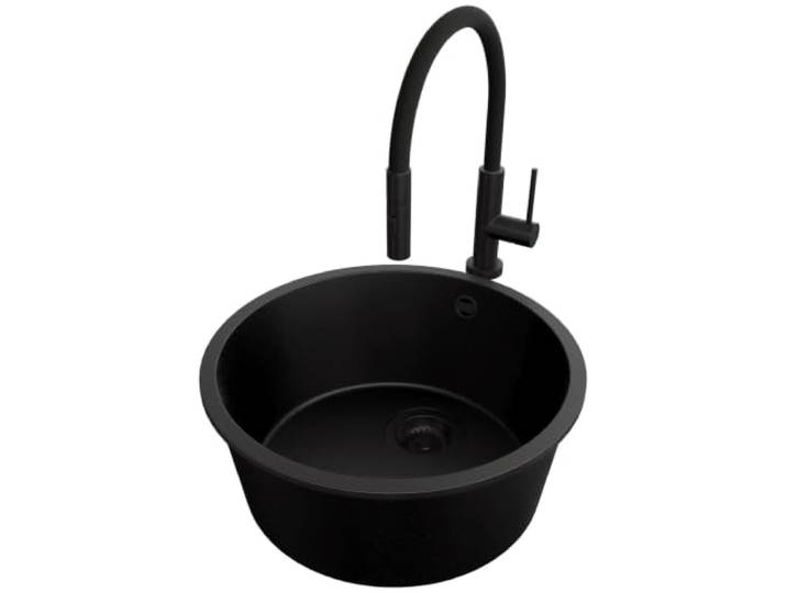 PRIMAGRAN Unterbauspüle ab 50er Unterschrank + Küchenarmatur, 46x46cm Set: Küchenarmatur BW6030 + Ablauf-Set (Siphon, Ablaufgarnitur, Überlauf) + Spülbecken 1 Becken - Valetta, Alles Schwarz