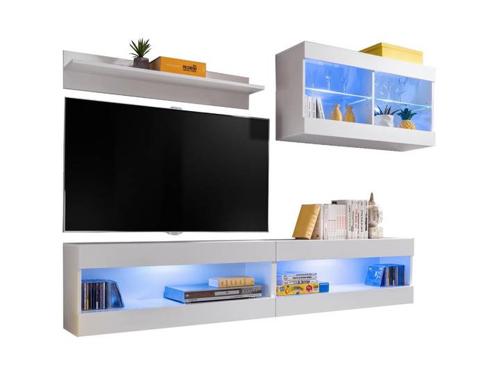 Komodee 4-Er Set, Wohnwand Tivoli Set6+Blu Offener Raum Weiß + Weiß, 2 Fächer, 240x195x35 cm, Wohnzimmer, Wohnwände