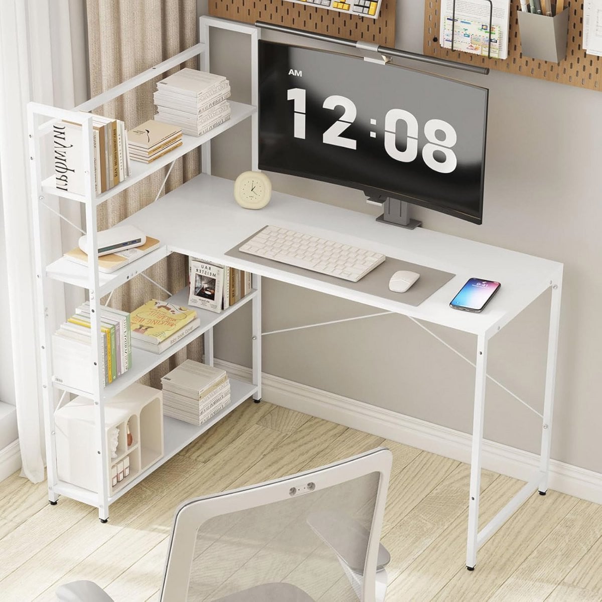 Hoogteverstelbaar L-vormig Hoekbureau met Boekenplank – Wit