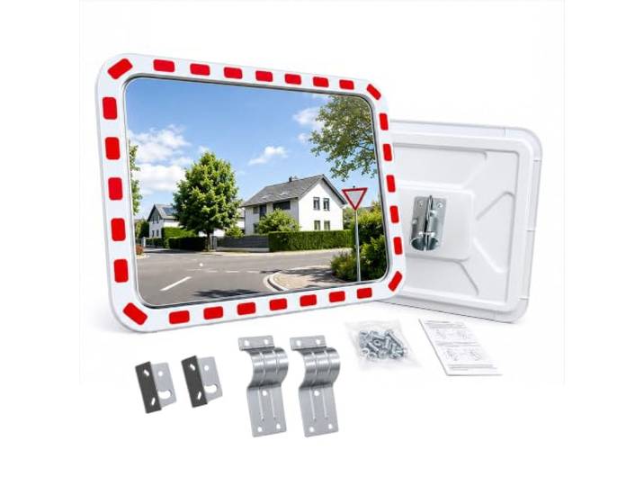 Relaxdays Miroir convexe 60x80 cm\, blanc/rouge fixation poteau\, bord réflecteur miroir de sécurité rectangulaire