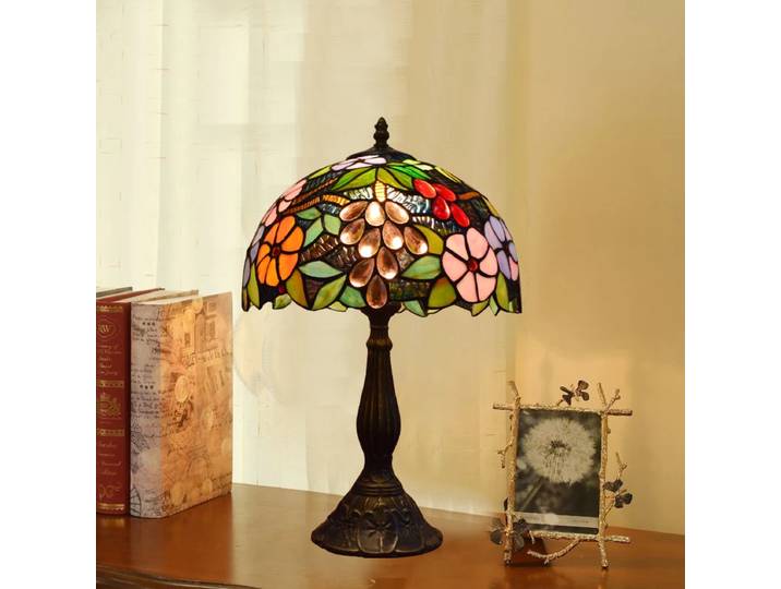 Lampe de table Tiffany en verre teinté avec libellules, lampe de bureau vintage, lampe de chambre à coucher, lampe de restaurant méditerranéen, décoration d'intérieur