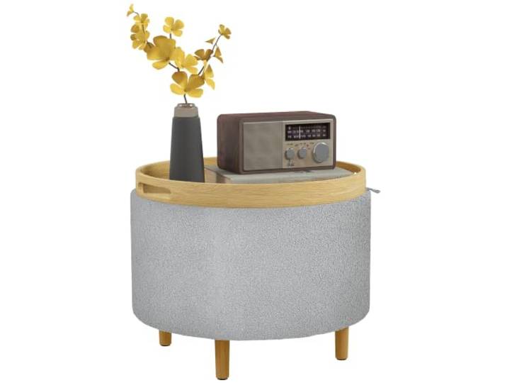 HOMCOM Sitzhocker mit Stauraum mit Klappdeckel 56 x 56 x 42 cm Grau Runder Fußhocker, Sitzwürfel, Pouf, Polsterhocker mit Holzbeine, Samtoptik