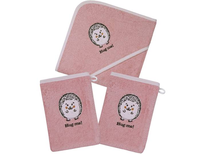 Handtuch Set WÖRNER Igel rosa Kapuzenbadetuch mit 2 Waschhandschuhen , rosa, 3 Stk., Frottier, Frottier, Obermaterial: 100% Baumwolle, Handtücher, Handtuch Set, mit süsser Igelstickerei