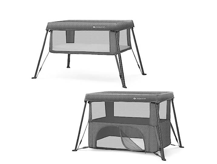 Kinderkraft CAMI Babybett 3 in 1, Reisebett Baby ab Geburt bis 3 Jahre, Laufgitter Funktion, Einfache kompakt zusammenklappen, Reiserucksack enthalten, Zwei Ebenen, Grau