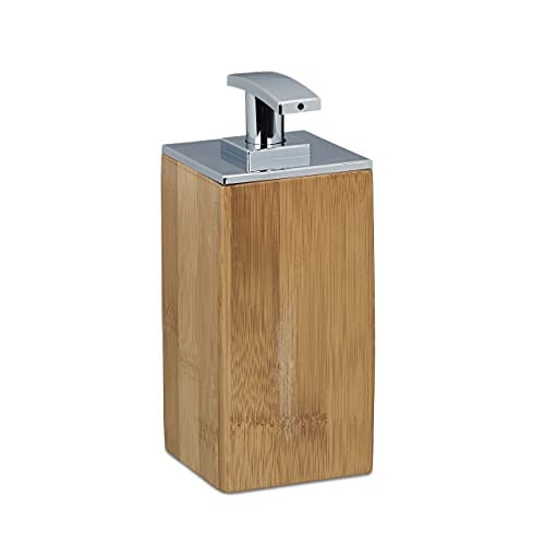 Relaxdays Zeeppompje bamboe, 225 ml, navulbaar, beige/bruin/zilver, H x B x D: 17 x 7 x 7 cm