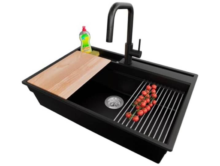 PRIMAGRAN Granitspüle ab 80er Unterschrank + Küchenarmatur, 78x53cm Set: Küchenarmatur BW9070 + Ablauf-Set + Spülbecken 1 Becken - Oslo Pocket Multilevel, Schwarz