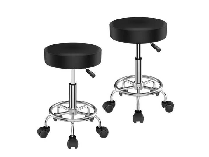 Lot de 2 Tabouret de Bureau à Roulettes - VIVOLILV - Noir - Hauteur Réglable - Rotation 360°