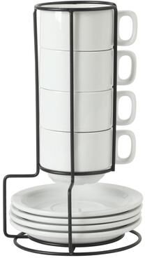 Gibson Home Gracious Dining Cups and Saucers Set of 4, Stackable Coffee Set with Metal Stand for Espresso and Cuppuccino
