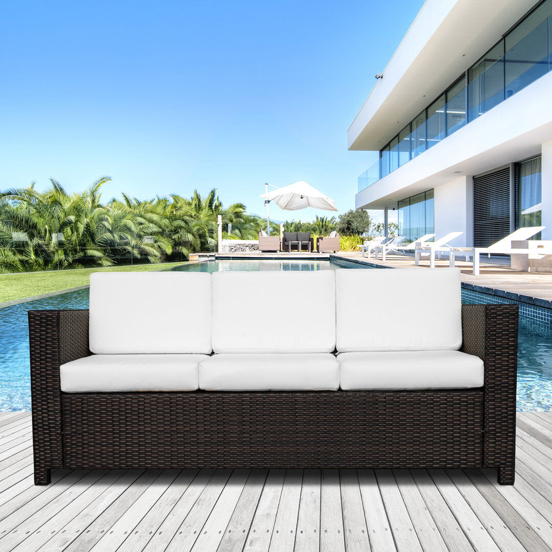 Mistana Cybele Rattan Wicker 3-seater Sofa Chair Patio Furniture w/ Cushion Brown 80cm H X 185cm W X 70cm D
