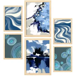 POSTER Set Mit 6 Blau Alte Koffer In Kulissen Abstracts Ästhetische Dekorative Gemälde Für Ihr Wohnzimmer Zuhause A3 & A4 Rahmen Aus Hellem Holz