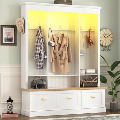 AISWORD LED Light Hall Tree with 9 Hooks,Roman Column Design Storage Bench with 3 Cabinets,Farmhouse Entryway Organizer with Shelves