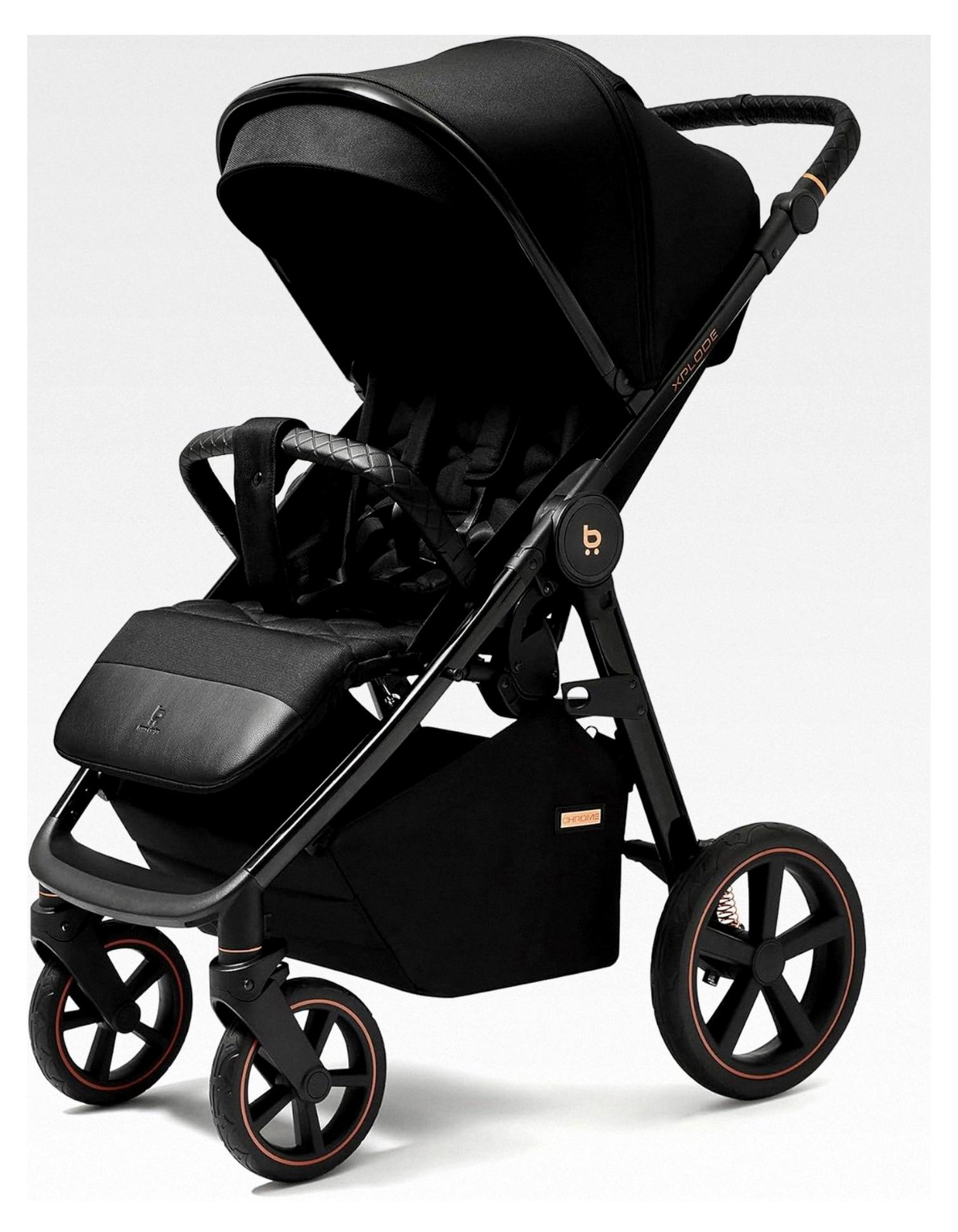 Xplode Chrome Kinderwagen bis 22 kg mit isoliertem Fußsack, Flaschenhalter, Regenschutz und Moskitonetz, Magnetschnalle, Chromoberflächen (Jet Black)