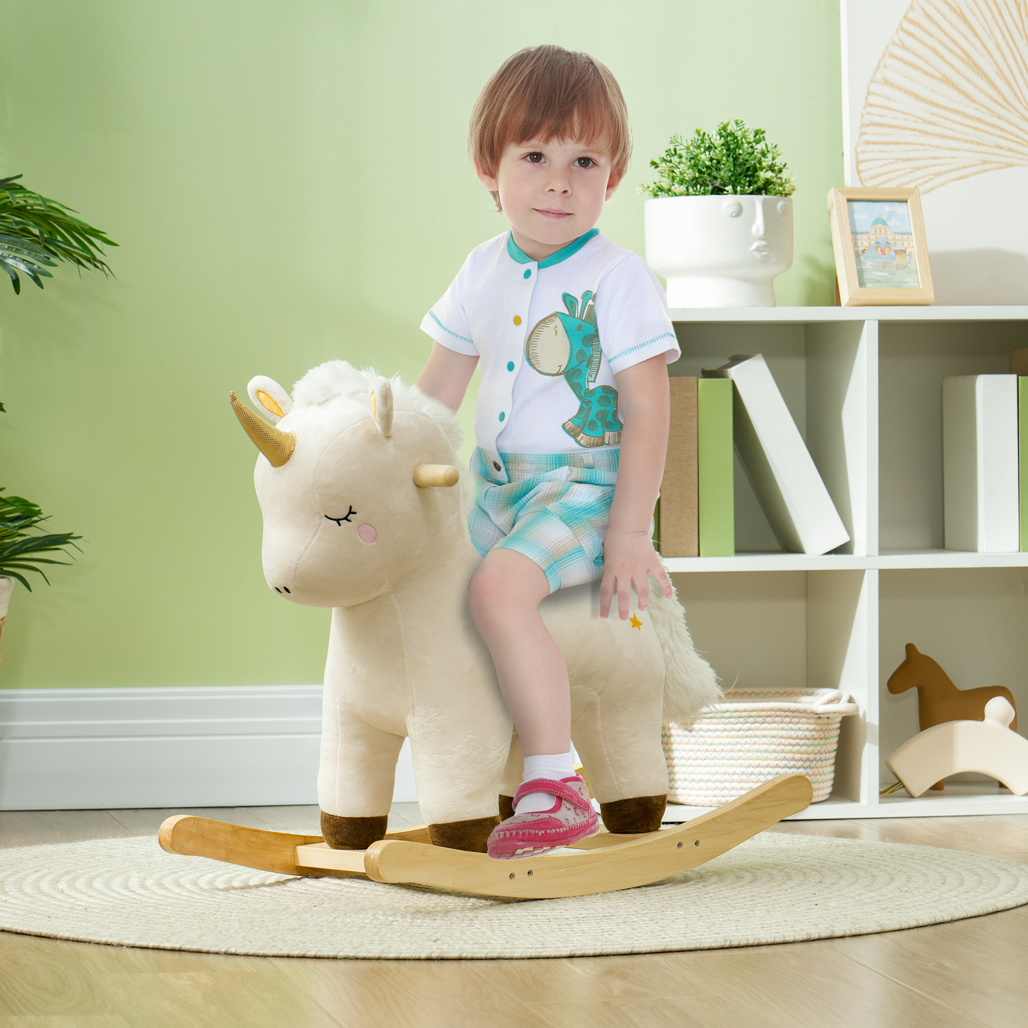 Aiyaplay Cavallo a Dondolo per Bambini 2-4 Anni a Unicorno con Suoni e Rivestimento Morbido, Bianco