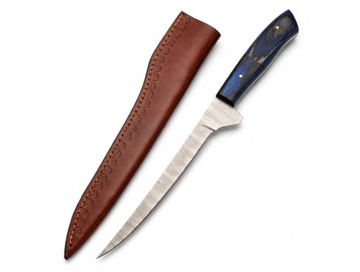KlingenFreunde Damast-Filetiermesser mit Pekkaholzgriff, Blau/Schwarz, ohne Gravur, inklusive Lederscheide