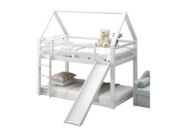 Gisaae Kinderbett Hausbett Etagenbett mit Rutsche Weiß 90x200cm, Schlafzimmer, Betten