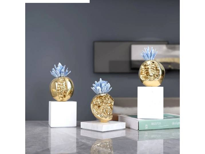 Sculpture métallique en cristal de grenade, ornement en marbre, Figurine en métal bleu or, accessoires de décoration de salle