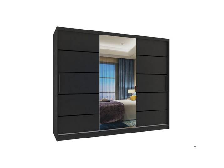 BELINI Grande Armoire 3 Portes Coulissantes VERONA MBP 232 cm - Noir Mat - Miroir Intégré & 4 Tiroirs - Chambre Adulte